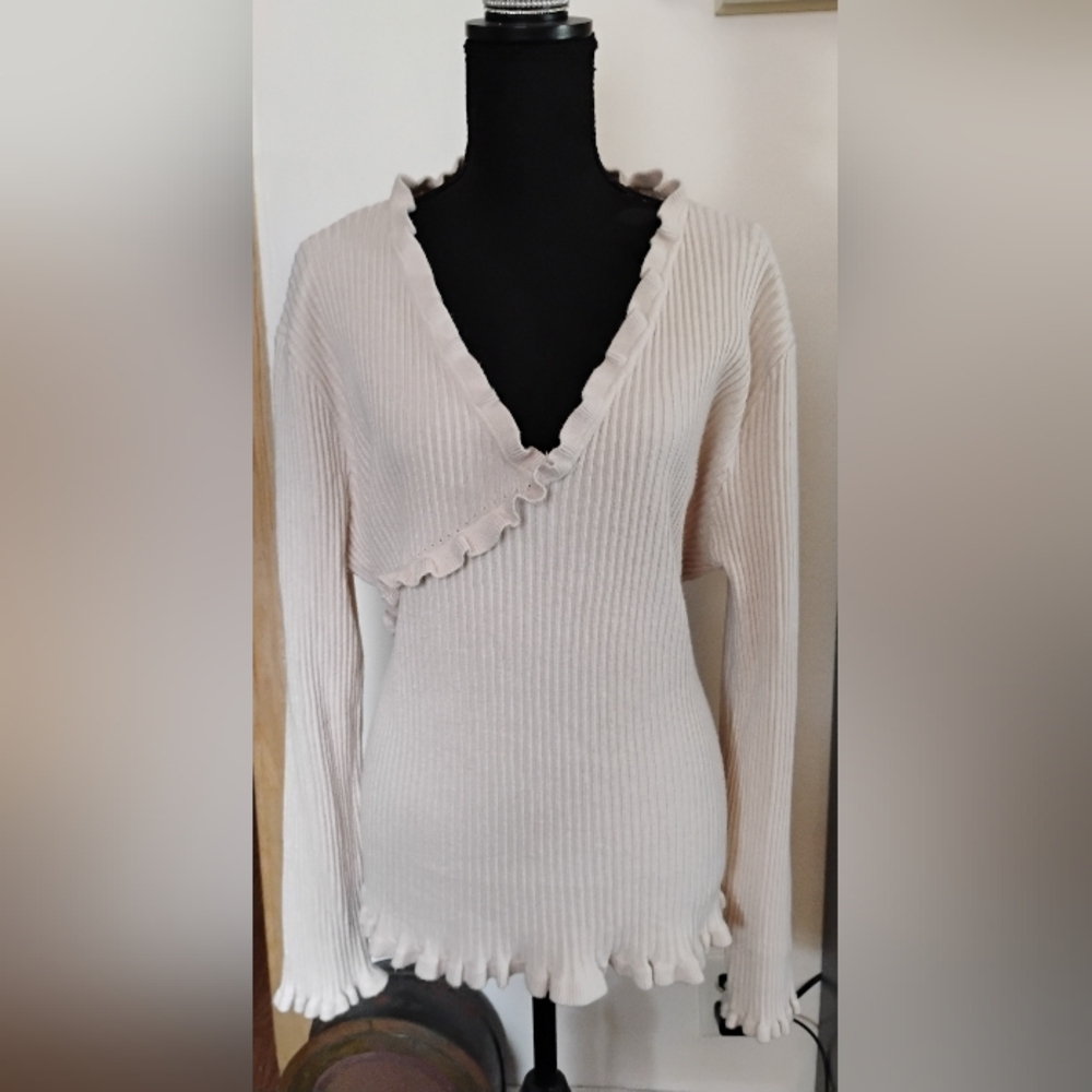Cream Ruffled V-Neck Sweater